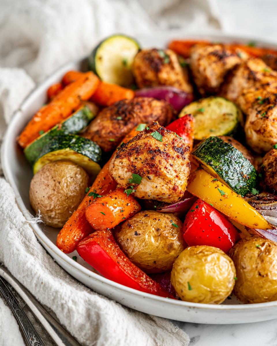 Close-up of seasoned chicken pieces mixed with roasted potatoes, carrots, zucchini, and peppers, a perfect example of Summer Dinner Ideas for Family.