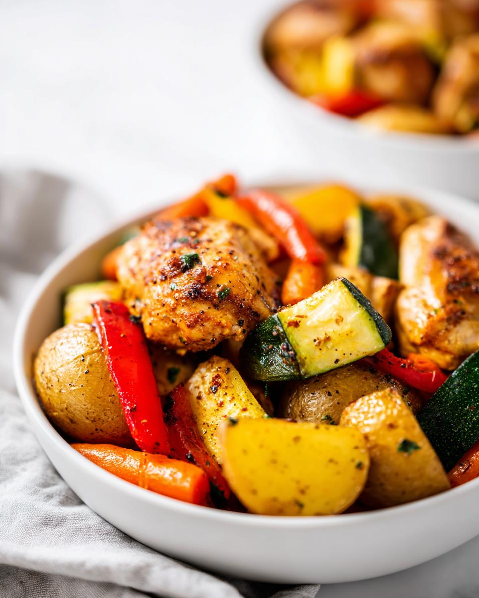 Close-up of seasoned chicken pieces mixed with roasted potatoes, zucchini, red peppers, perfect for Summer Dinner Ideas for Family.