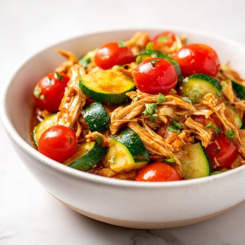 Close-up of shredded chicken mixed with sliced zucchini and bright red cherry tomatoes, part of Summer Crockpot Chicken Recipes.