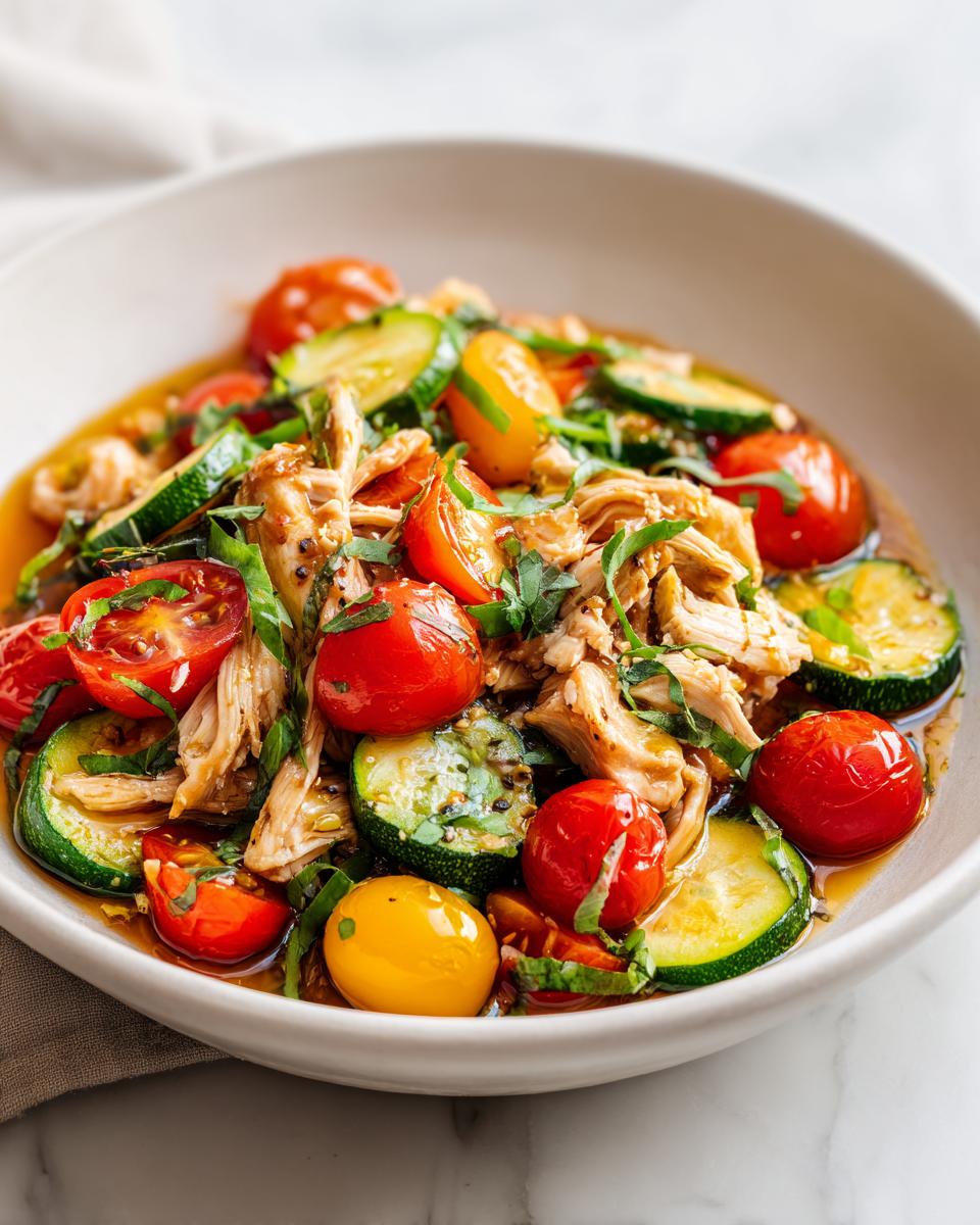 Close-up of shredded chicken mixed with sliced zucchini, halved cherry tomatoes, and fresh herbs in a light sauce, perfect for Summer Crockpot Chicken Recipes.
