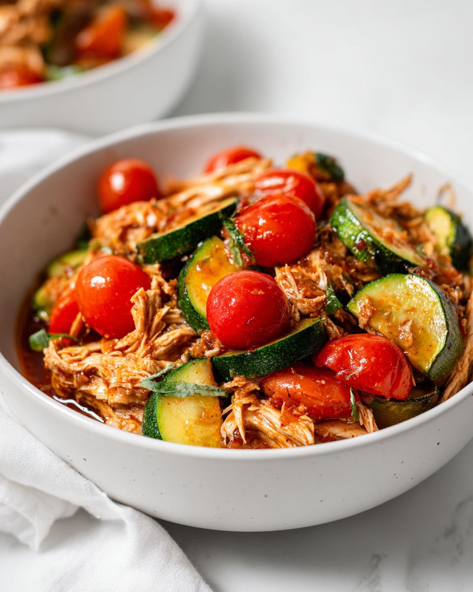 Close-up of shredded chicken mixed with sliced zucchini and whole cherry tomatoes, a perfect example of Summer Crockpot Chicken Recipes.