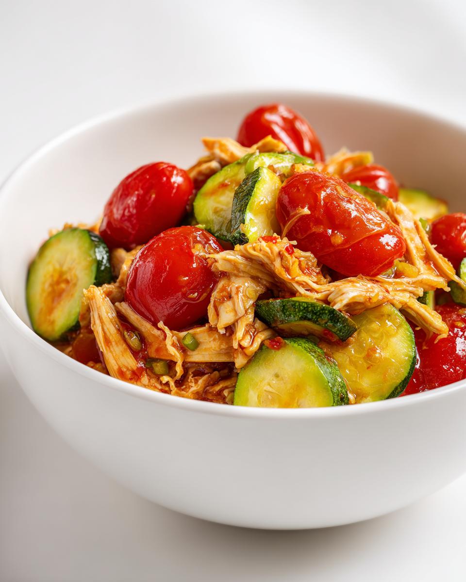 Close-up of shredded chicken mixed with bright red cherry tomatoes and sliced zucchini in a white bowl, perfect for Summer Crockpot Chicken Recipes.