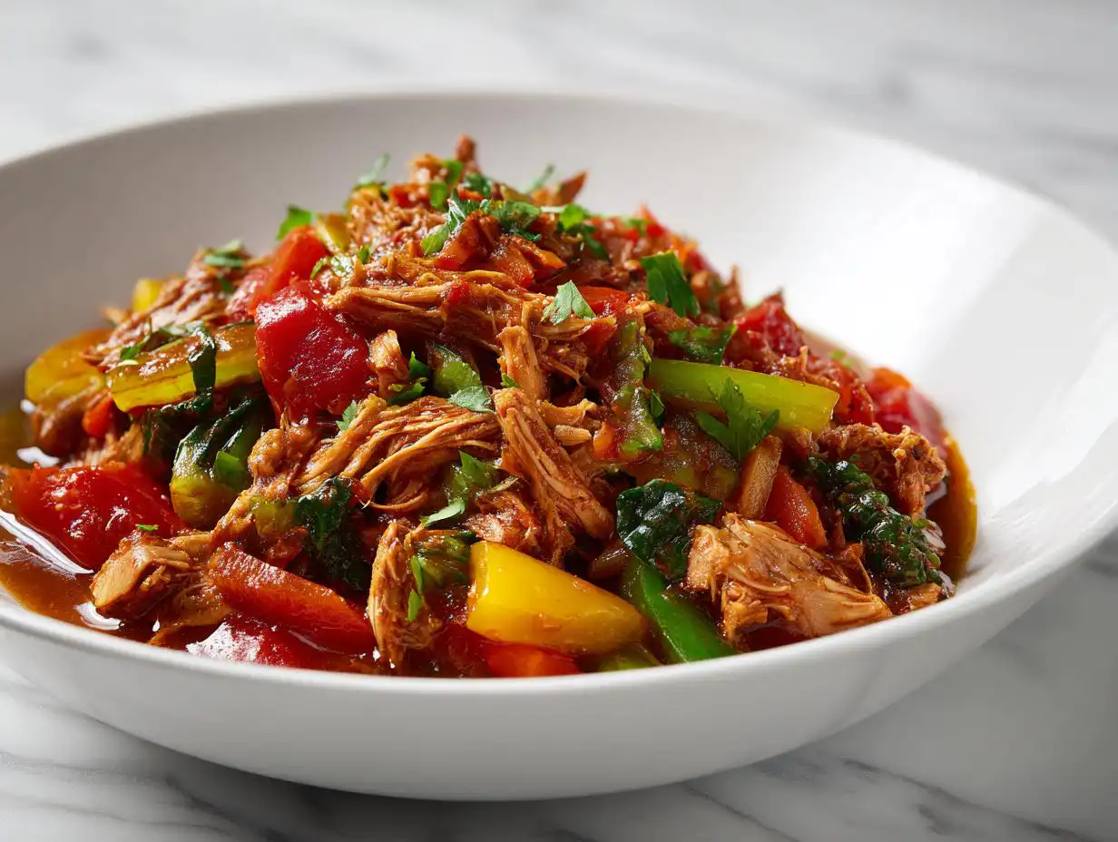 Close-up of shredded meat stewed with colorful peppers and tomatoes, perfect for Summer Crockpot Dinner Ideas.