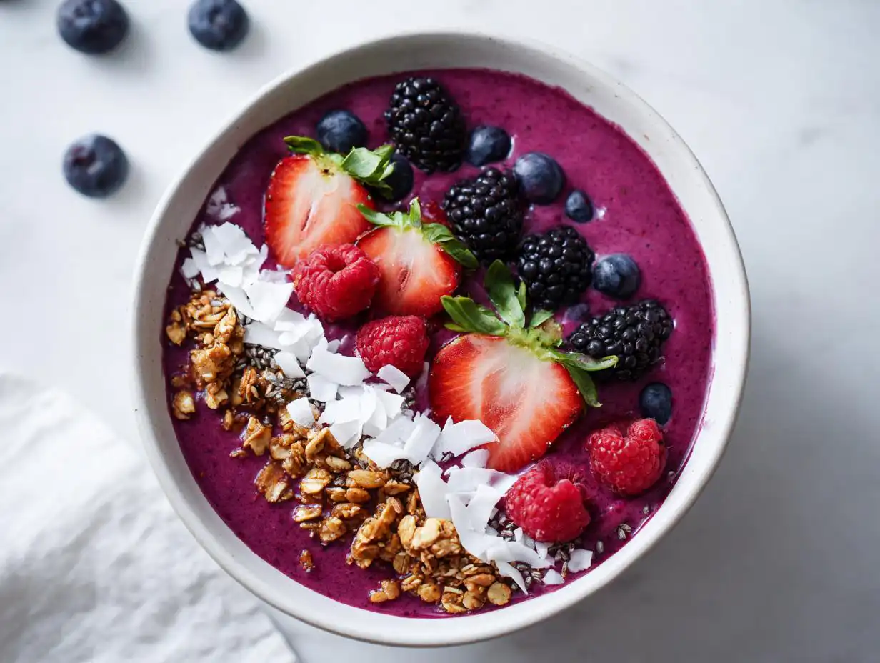 Overhead view of a vibrant purple Smoothie Bowl Aesthetic topped with fresh strawberries, raspberries, blackberries, blueberries, granola, and coconut flakes.