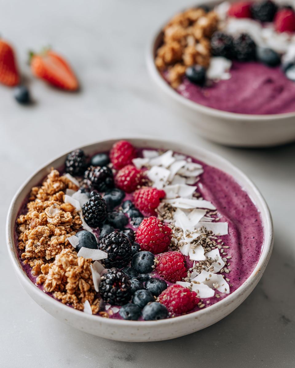 Close-up of a vibrant purple Smoothie Bowl Aesthetic topped with fresh raspberries, blueberries, blackberries, granola, coconut flakes, and chia seeds.