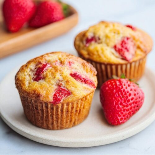 Two golden-brown Strawberry Banana Muffins served on a plate with a fresh strawberry garnish.
