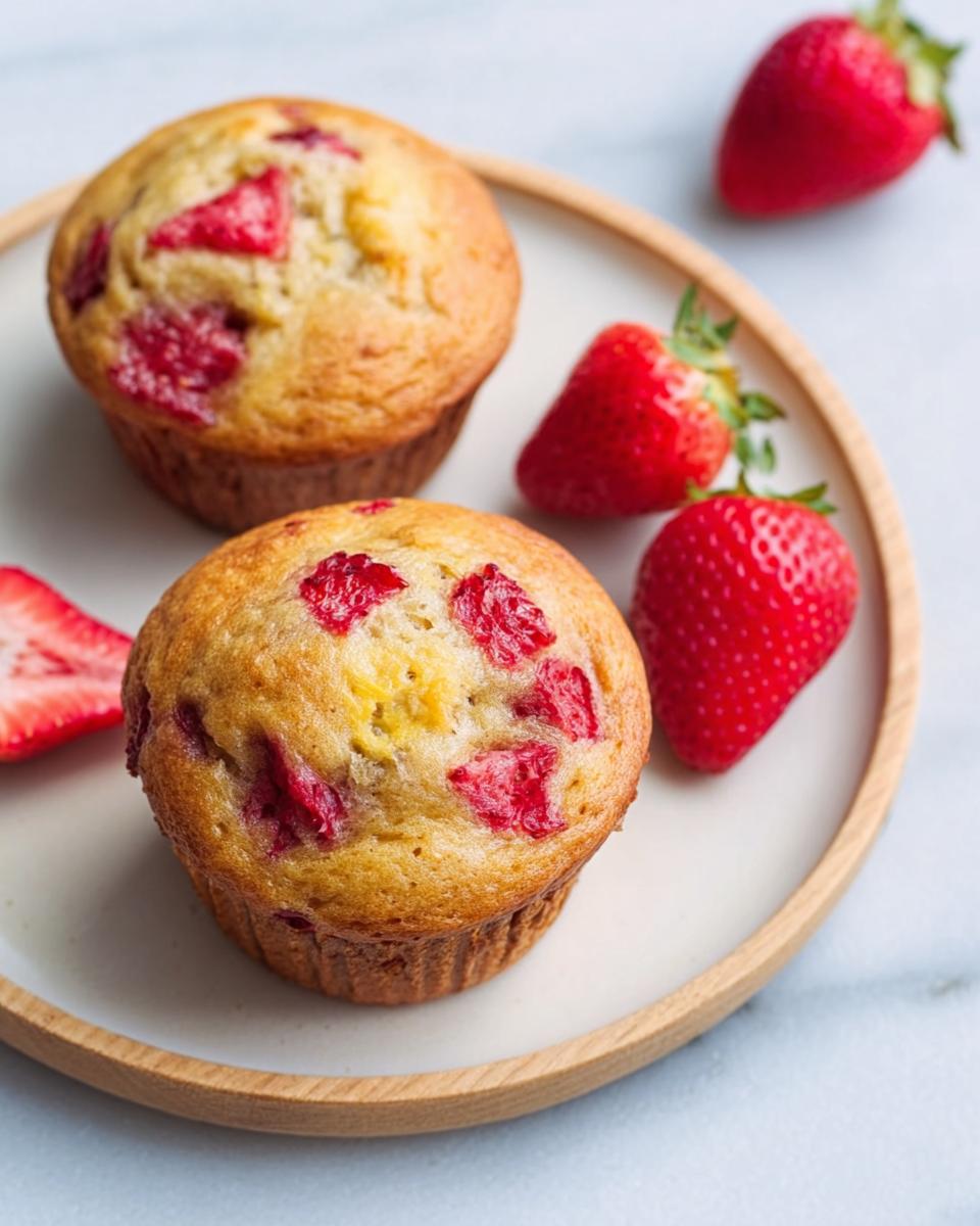 Two golden brown Strawberry Banana Muffins topped with visible strawberry pieces, served on a light plate with fresh strawberries.