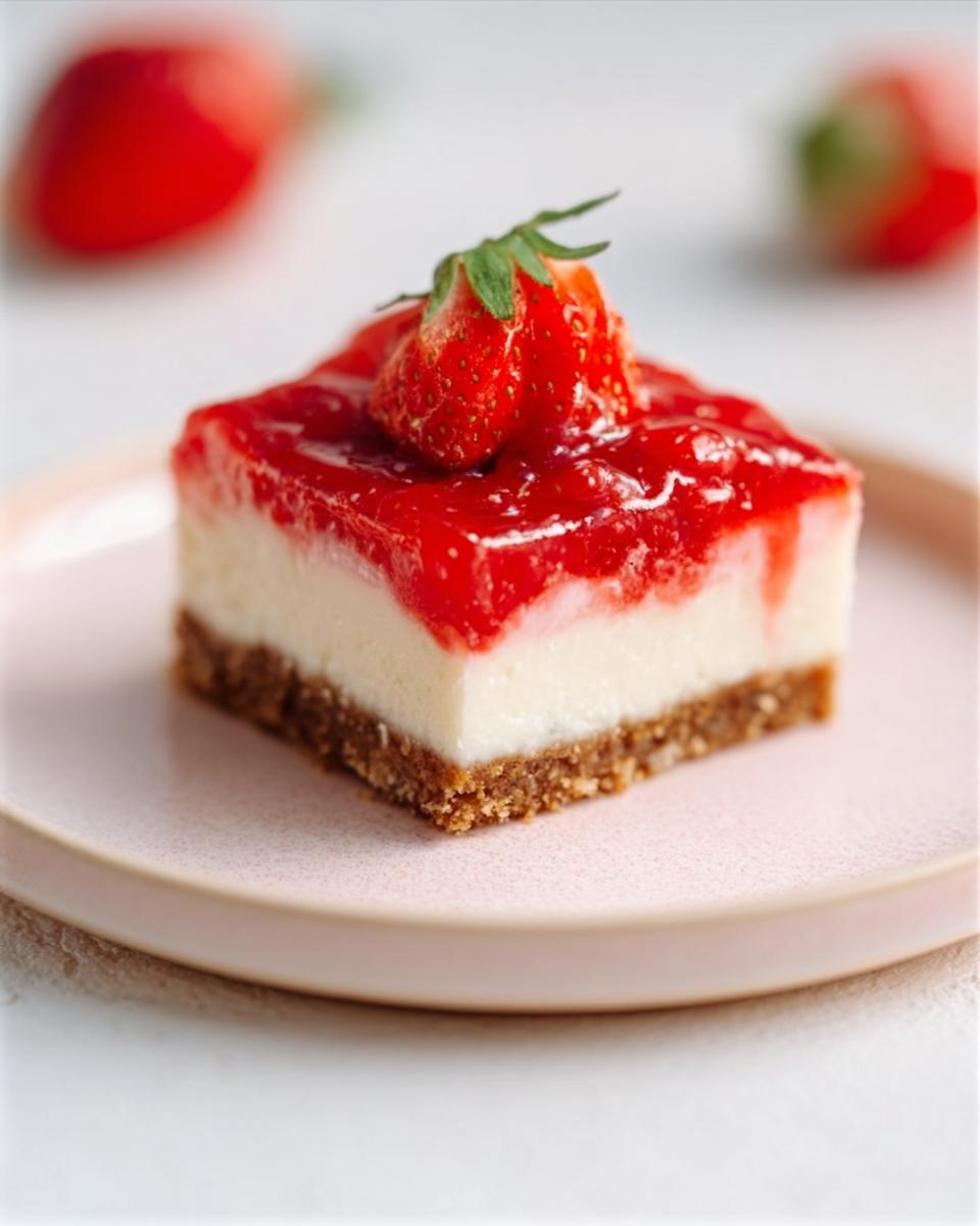 A close-up of one perfect square of Strawberry Cheesecake Bars topped with glossy strawberry glaze and a fresh strawberry.