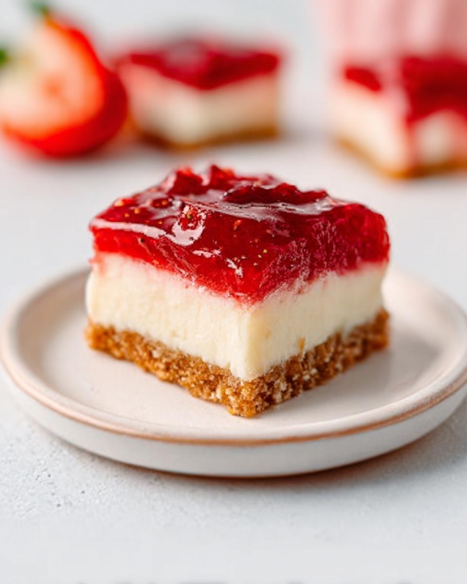 A close-up of one perfect square of Strawberry Cheesecake Bars with a graham cracker crust and bright red strawberry topping.