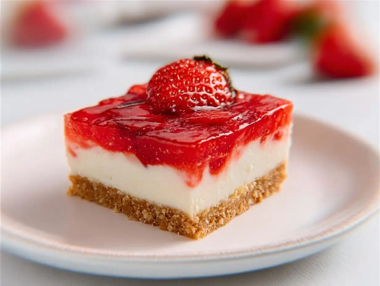 Close-up of a single square of Strawberry Cheesecake Bars with a graham cracker crust, creamy filling, and strawberry topping.