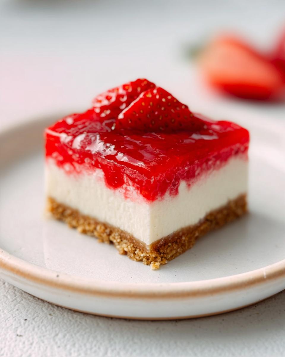 Close-up of a single, perfectly cut square of Strawberry Cheesecake Bars with a graham cracker crust and strawberry topping.