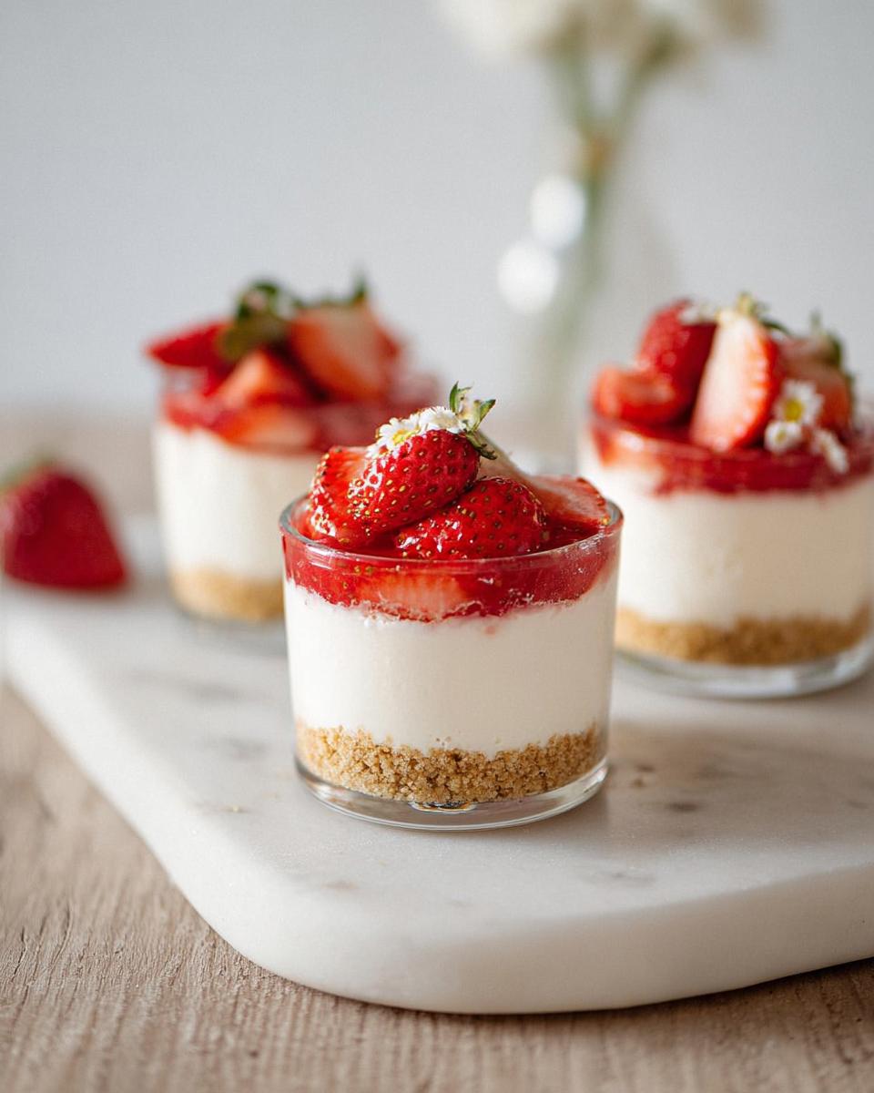 Three individual Strawberry Cheesecake Cups layered with graham cracker crust, creamy filling, and topped with fresh sliced strawberries.