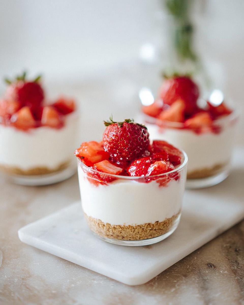 A close-up of one of the Strawberry Cheesecake Cups showing the graham cracker crust, creamy filling, and fresh strawberry topping.