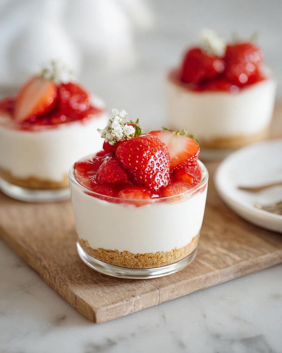 A close-up of individual Strawberry Cheesecake Cups featuring a graham cracker crust, creamy filling, and topped with fresh strawberries and a small white flower.