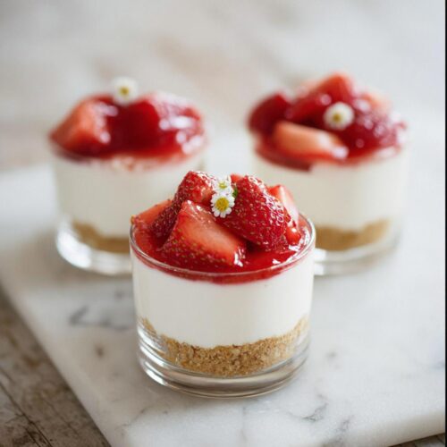 Three individual Strawberry Cheesecake Cups featuring a graham cracker crust, creamy filling, and fresh strawberry topping.