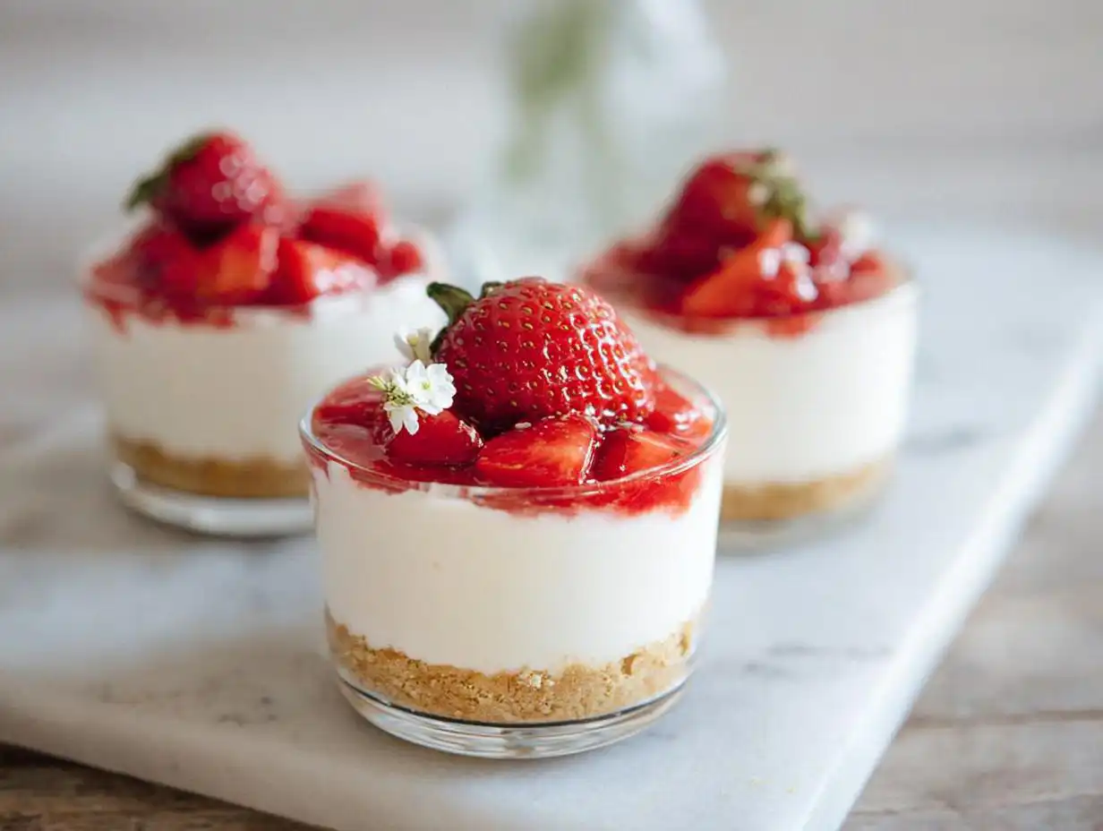 Three individual Strawberry Cheesecake Cups featuring a graham cracker crust, creamy filling, and topped with fresh strawberries.