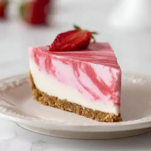 A perfect slice of Strawberry Cheesecake No Bake featuring a graham cracker crust and a pink and white marbled filling, topped with a fresh strawberry slice.