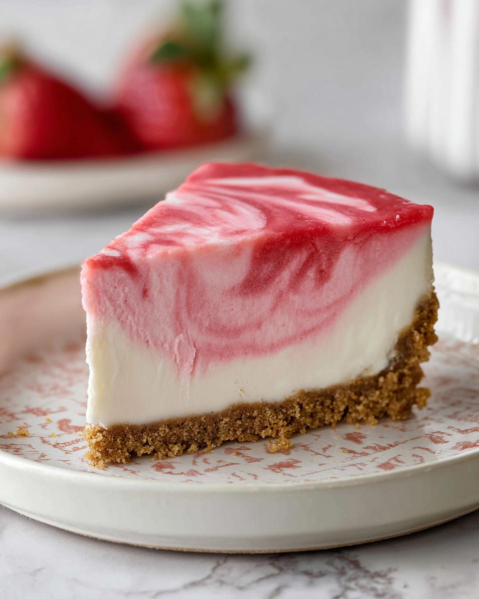 A perfect slice of Strawberry Cheesecake No Bake showing a graham cracker crust and a creamy white filling swirled with bright pink strawberry topping.