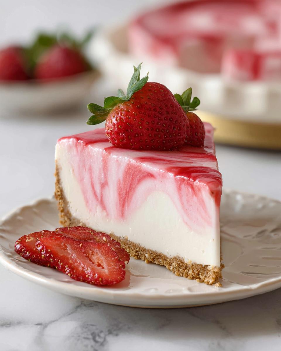 A perfect slice of Strawberry Cheesecake No Bake featuring a graham cracker crust and a swirled strawberry topping, garnished with fresh strawberries.