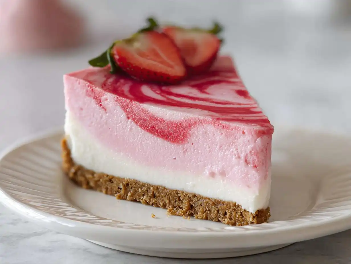 A perfect slice of Strawberry Cheesecake No Bake featuring a graham cracker crust and swirled pink filling, topped with fresh strawberries.