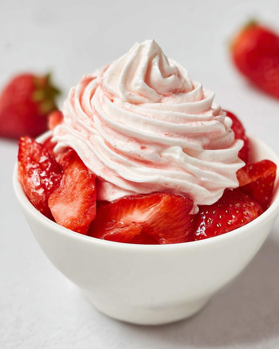 Close-up of a white bowl filled with sliced strawberries topped with a swirl of pink strawberry cream dessert.