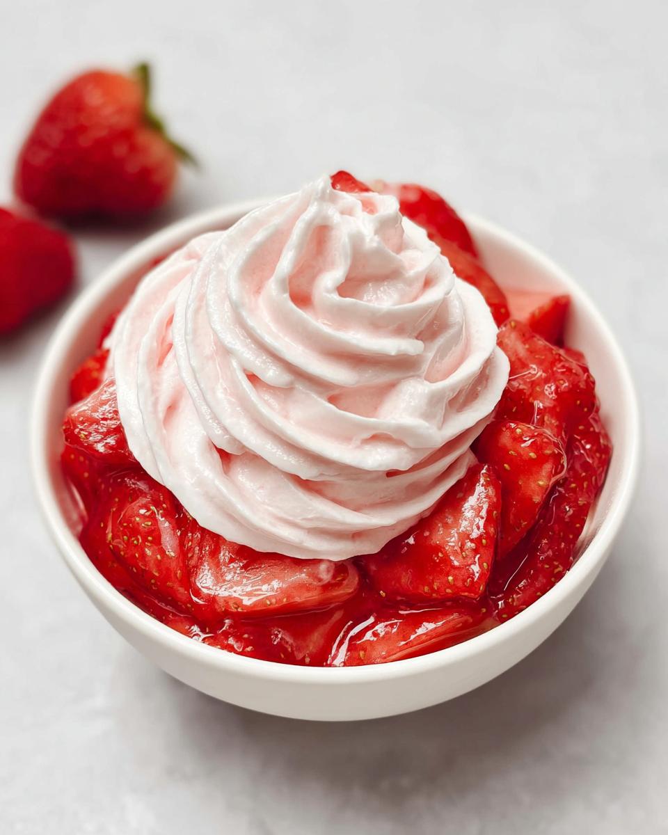 Close-up of a white bowl filled with macerated strawberries topped with a swirl of pink strawberry cream dessert.