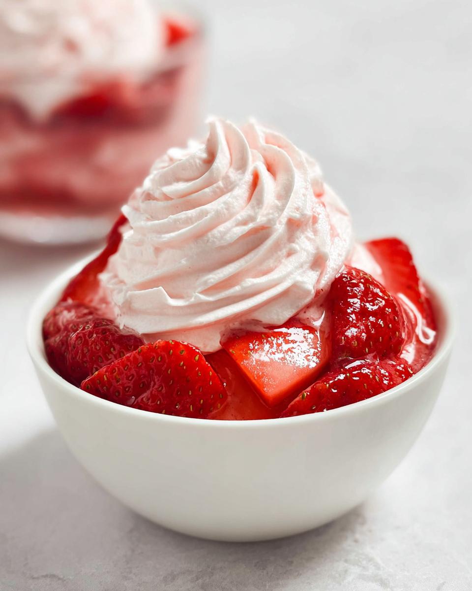 A close-up of a white bowl filled with sliced strawberries and topped with a swirl of pink whipped cream, showcasing the Strawberry Cream Dessert.