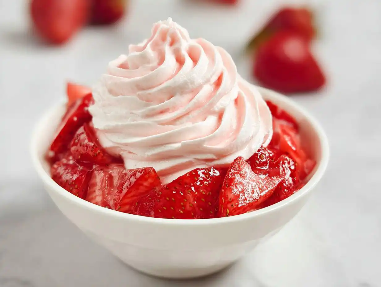 A close-up of a white bowl filled with macerated strawberries topped with a swirl of pink strawberry cream dessert.