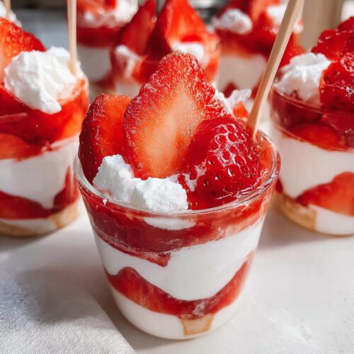 A close-up of one of the Strawberry Dessert Mini Cups layered with cream and strawberry filling, topped with fresh sliced strawberries and whipped cream.