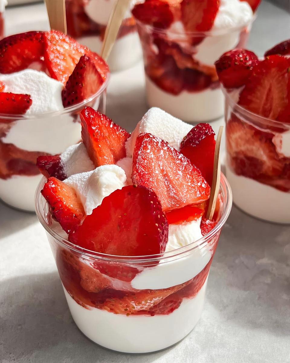 Close-up of a layered Strawberry Dessert Mini Cup featuring fresh sliced strawberries, white cream, and a dusting of powdered sugar.
