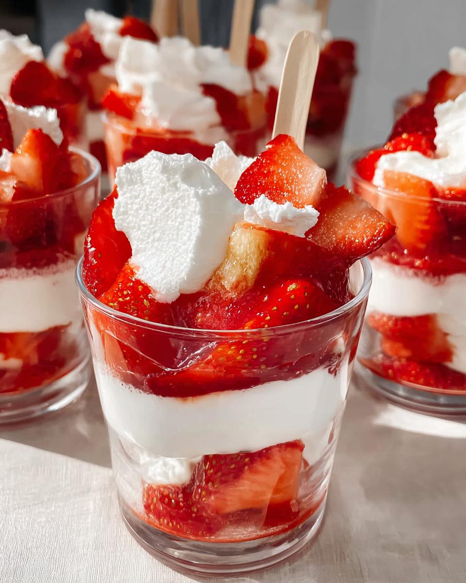 Close-up of a layered Strawberry Dessert Mini Cups featuring strawberries, cream, and topped with whipped cream and a wooden spoon.