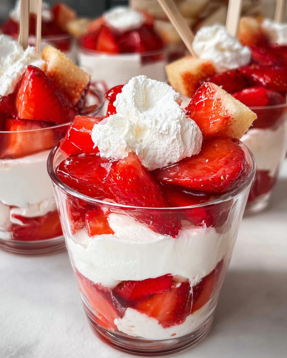 Close-up of layered Strawberry Dessert Mini Cups featuring macerated strawberries, whipped cream, and cake pieces.