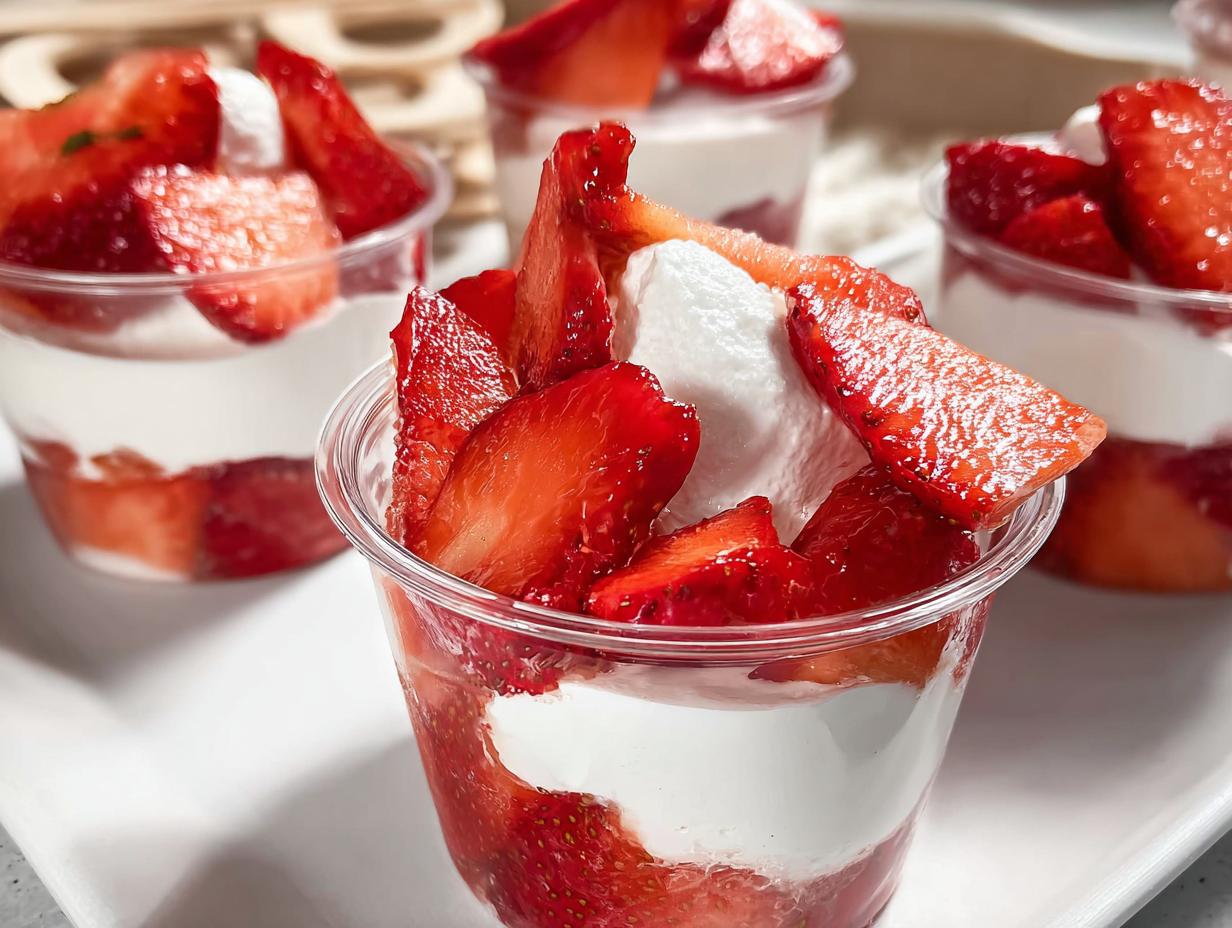 Close-up of layered Strawberry Dessert Mini Cups featuring fresh sliced strawberries and white cream filling.