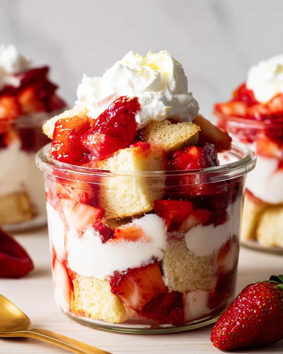 A close-up view of one serving of Strawberry Shortcake Cups layered with cake, macerated strawberries, and whipped cream in a glass jar.