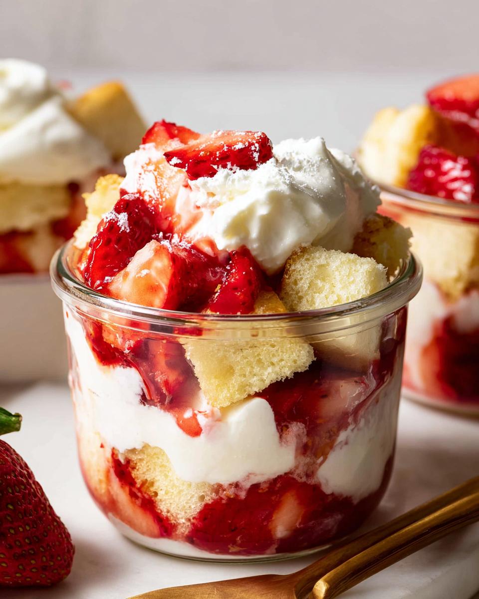Close-up of a layered Strawberry Shortcake Cups dessert in a glass jar with whipped cream and macerated strawberries.