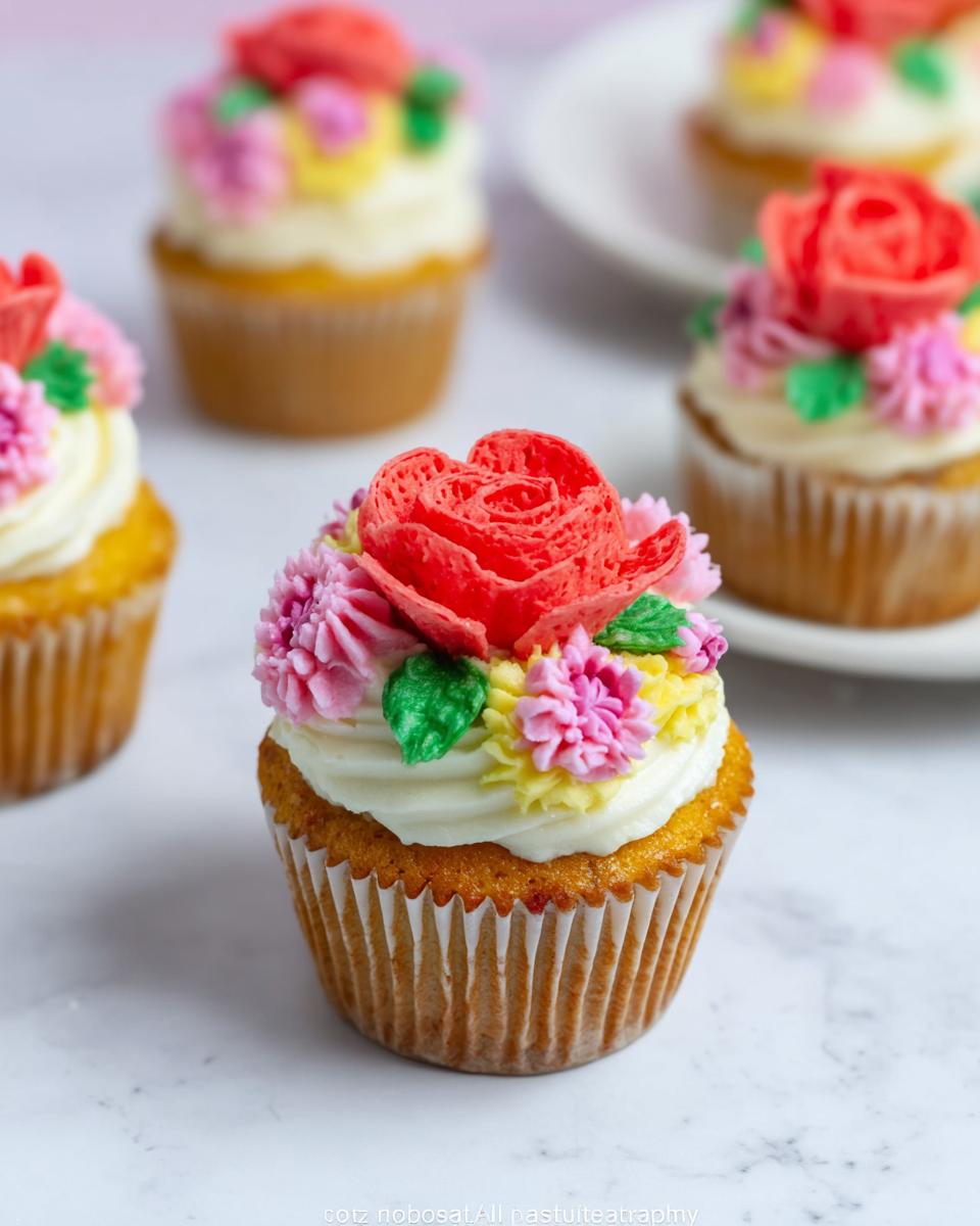 A close-up of a Strawberry Wildflower Cupcake topped with white frosting, a large red piped rose, and small pink and yellow flowers.