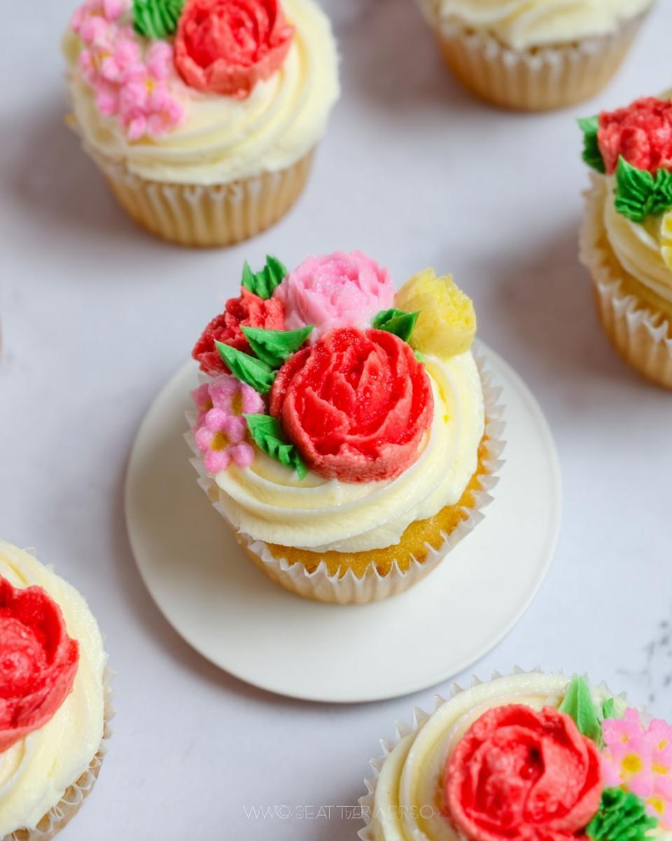 A beautifully decorated Strawberry Wildflower Cupcake featuring vibrant red, pink, and yellow buttercream flowers on white frosting.