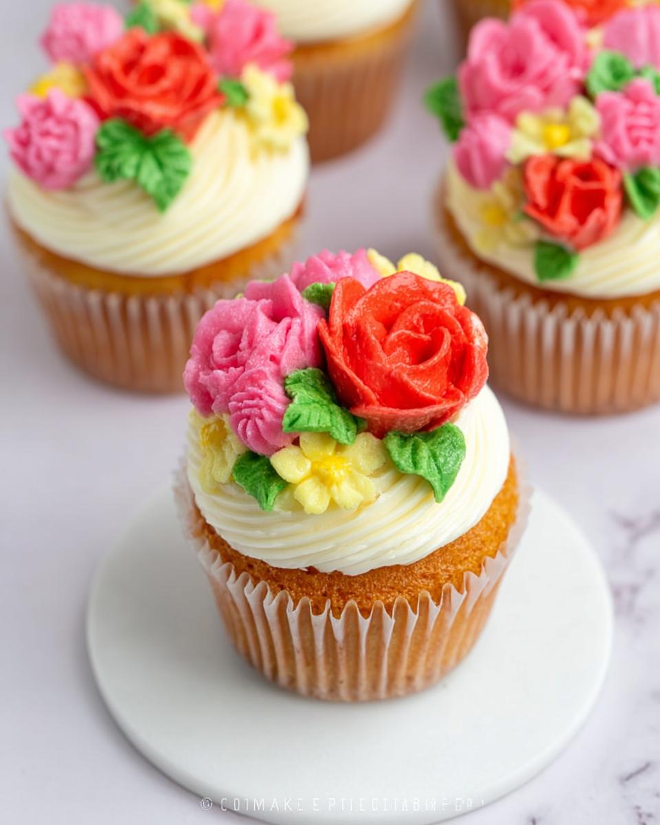 A close-up of one of the Strawberry Wildflower Cupcakes, topped with white frosting and vibrant, piped buttercream flowers in red, pink, and yellow.