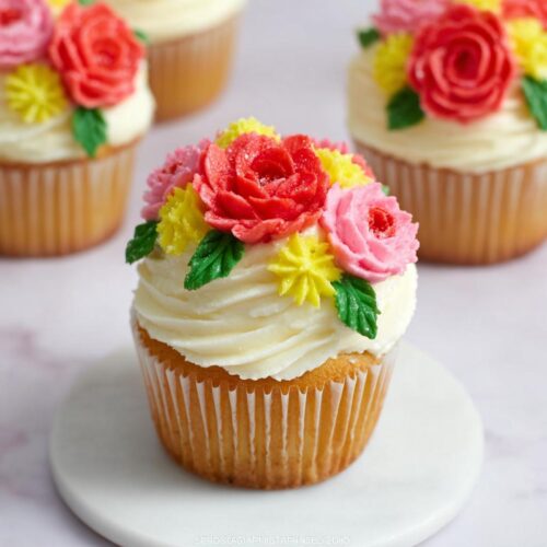A close-up of one of the Strawberry Wildflower Cupcakes, topped with white frosting and vibrant red, pink, and yellow buttercream flowers.