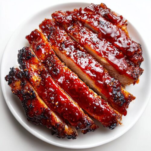 Close-up of sliced Summer BBQ Chicken Plate covered in thick, glossy, dark red barbecue sauce on a white plate.