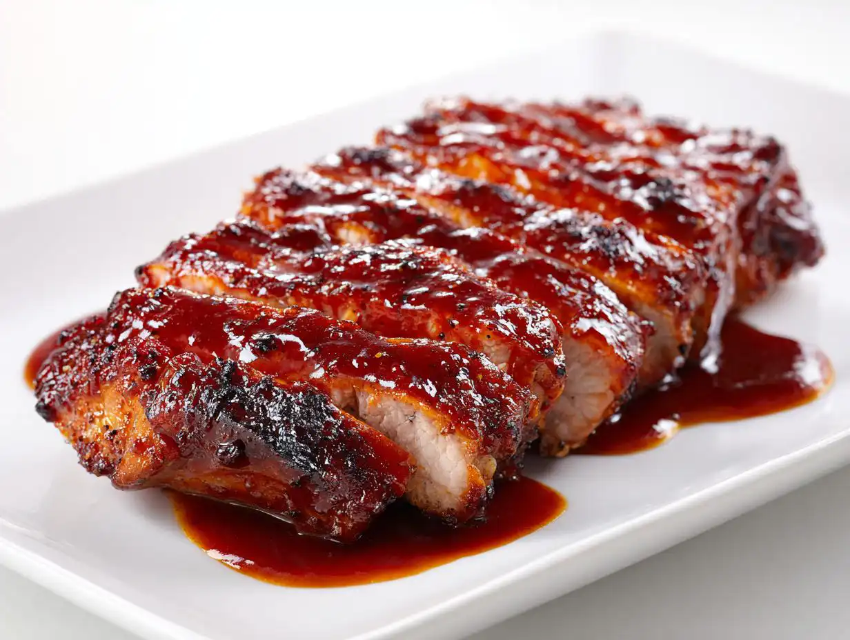Close-up of sliced Summer BBQ Chicken Plate, heavily coated in a thick, glossy red barbecue sauce.