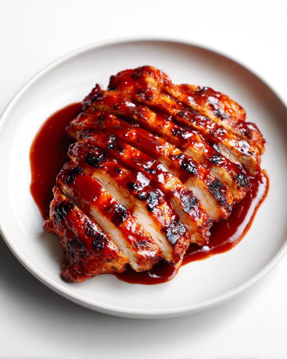 Close-up of sliced Summer BBQ Chicken Plate covered in a rich, glossy red barbecue sauce.