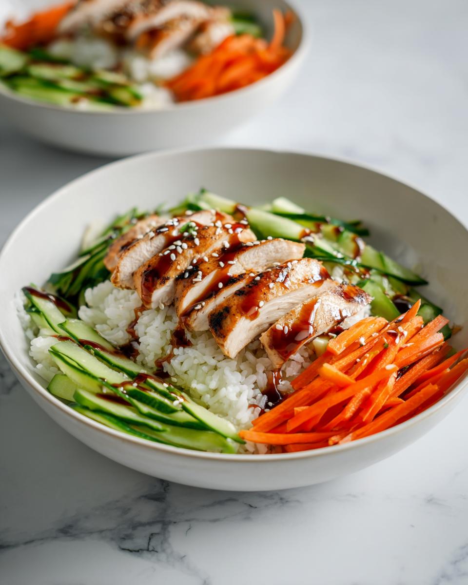 Close-up of a Summer Chicken and Rice Bowl featuring sliced grilled chicken, white rice, ribbons of cucumber, and julienned carrots, drizzled with sauce and sesame seeds.