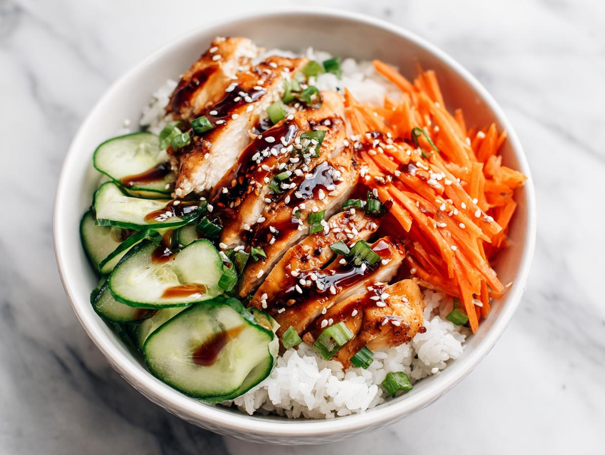 Close-up of a Summer Chicken and Rice Bowl featuring sliced glazed chicken, cucumbers, and shredded carrots over white rice.