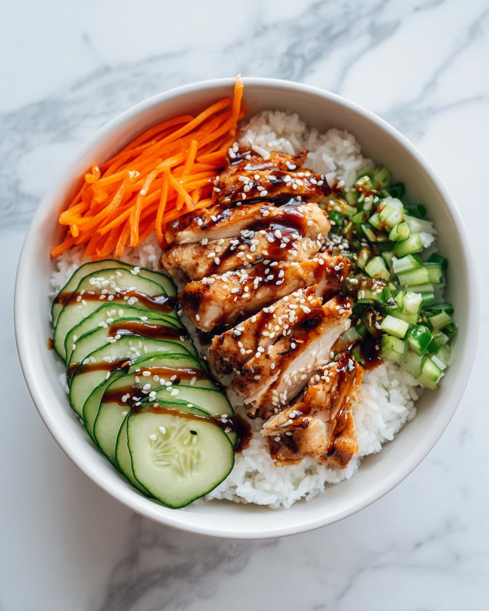 Overhead view of a Summer Chicken and Rice Bowl with sliced teriyaki chicken, cucumbers, carrots, and scallions on white rice.