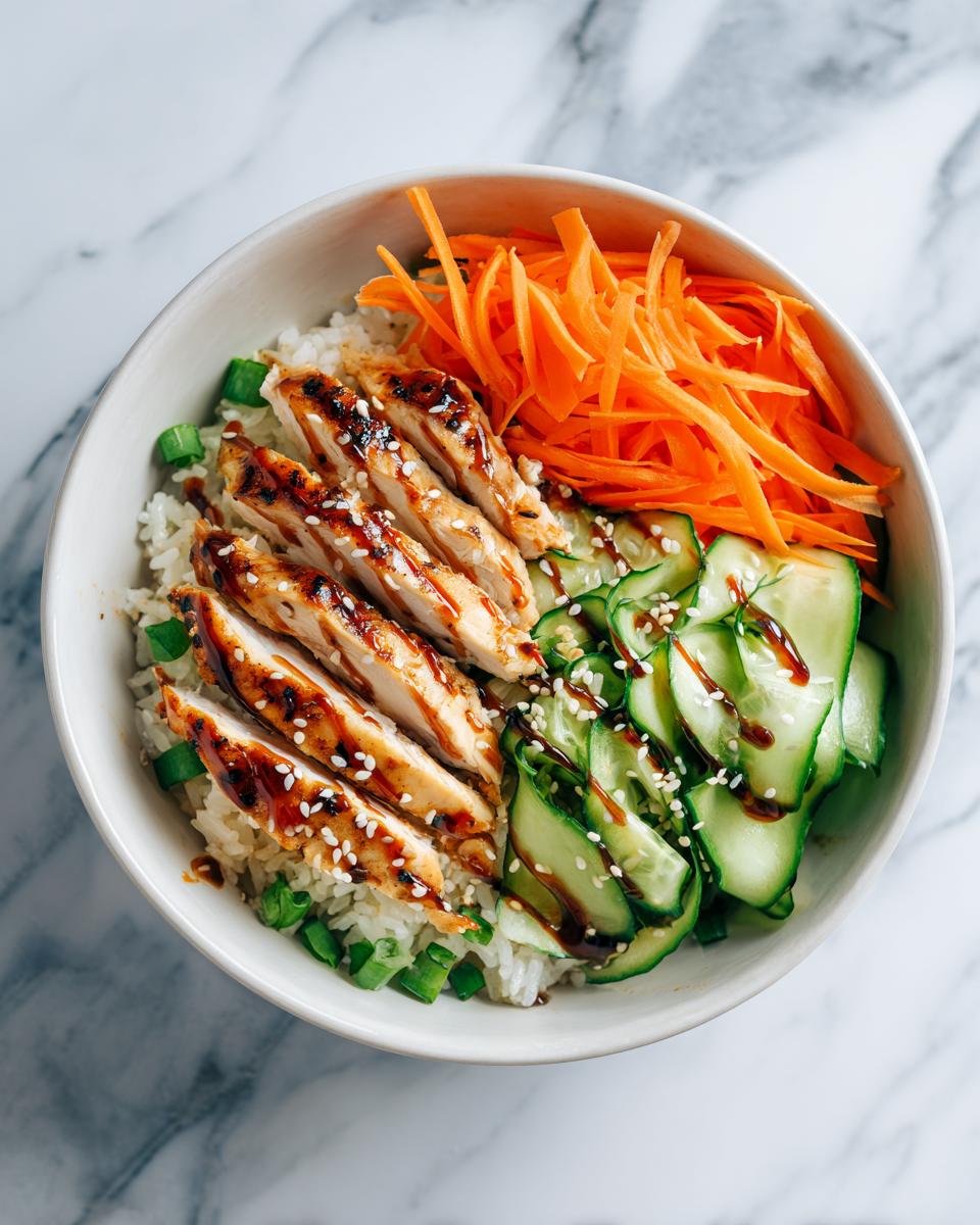 Overhead view of a Summer Chicken and Rice Bowl featuring sliced grilled chicken, rice, shredded carrots, and cucumbers.