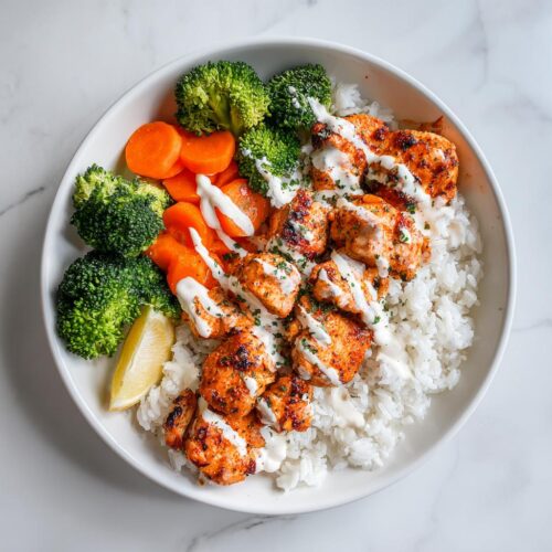 Overhead view of a Summer Chicken and Rice Meal Prep bowl with seasoned chicken, white rice, broccoli, carrots, and white sauce.