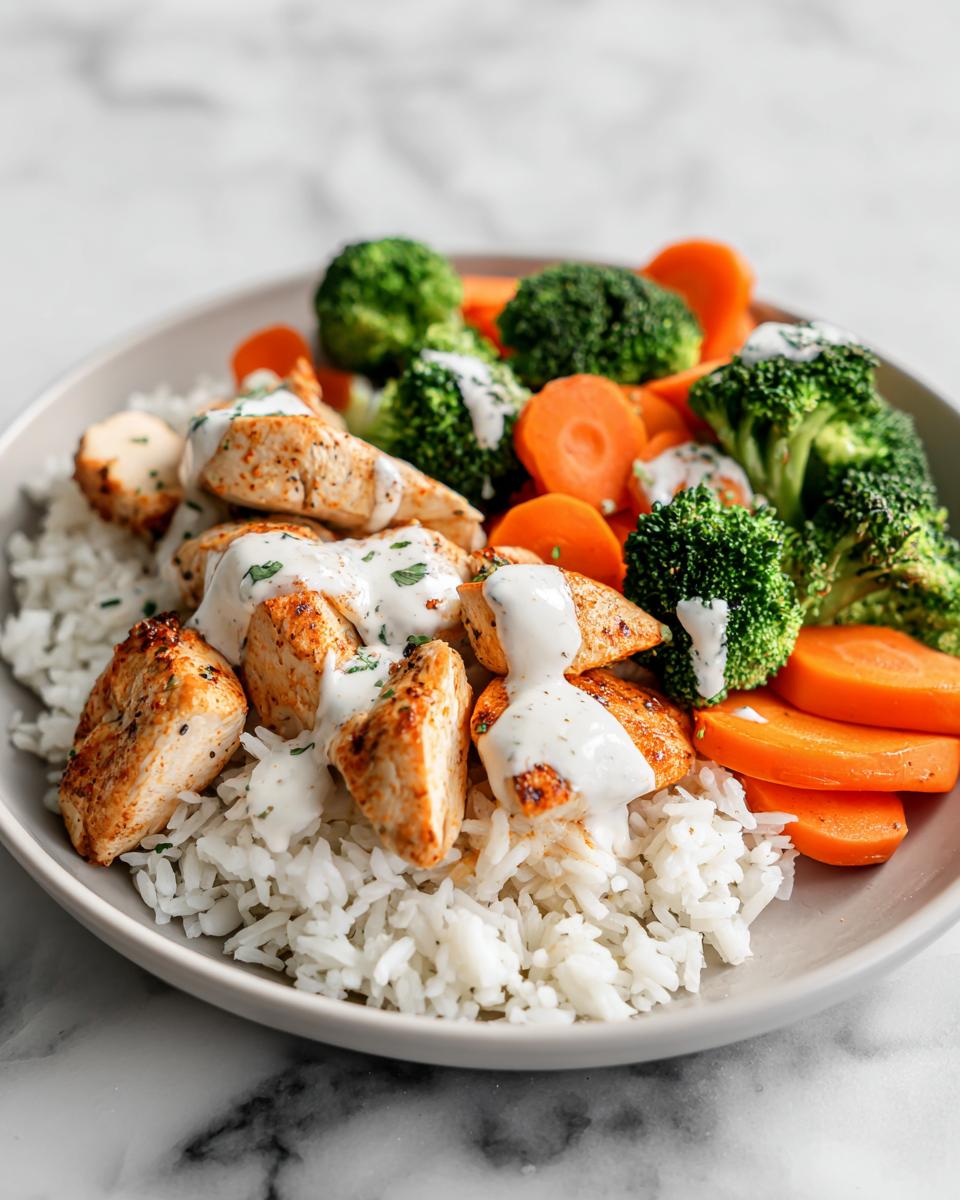 A close-up of a Summer Chicken and Rice Meal Prep bowl with seasoned chicken, white rice, steamed carrots, and broccoli, topped with white sauce.