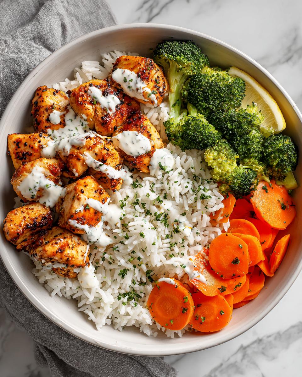 Overhead view of a Summer Chicken and Rice Meal Prep bowl with seasoned chicken, white rice, steamed broccoli, and sliced carrots.