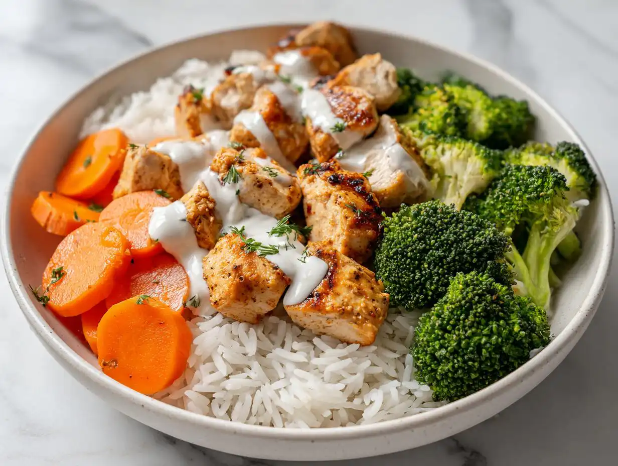 Close-up of a Summer Chicken and Rice Meal Prep bowl featuring grilled chicken, white rice, steamed broccoli, and sliced carrots with a white sauce.